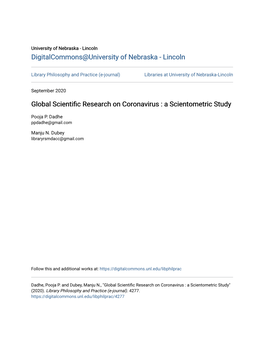 Global Scientific Research on Coronavirus : a Scientometric Study