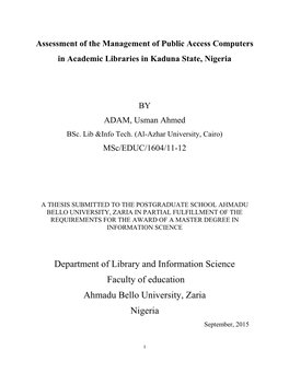 Department of Library and Information Science Faculty of Education Ahmadu Bello University, Zaria Nigeria September, 2015