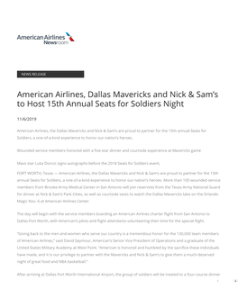 American Airlines, Dallas Mavericks and Nick & Sam's to Host 15Th