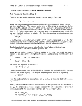 PHYS 211 Lecture 5 - Oscillations: Simple Harmonic Motion 5 - 1