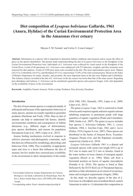 Diet Composition of Lysapsus Bolivianus Gallardo, 1961 (Anura, Hylidae) of the Curiaú Environmental Protection Area in the Amazonas River Estuary