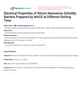 Electrical Properties of Silicon Nanowires Schottky Barriers Prepared by MACE at Different Etching Time