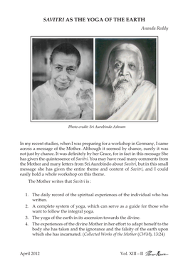 SAVITRI AS the YOGA of the EARTH Ananda Reddy