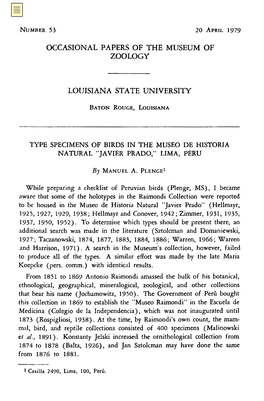 Type Specimens of Birds in the Museo De Historia Natural “Javier Prado”, Lima, Peru