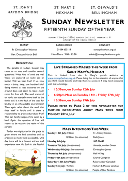 Sunday Newsletter Fifteenth Sunday of the Year