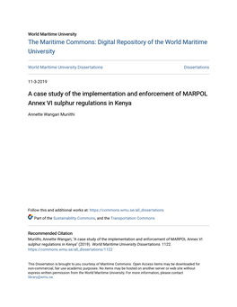 A Case Study of the Implementation and Enforcement of MARPOL Annex VI Sulphur Regulations in Kenya