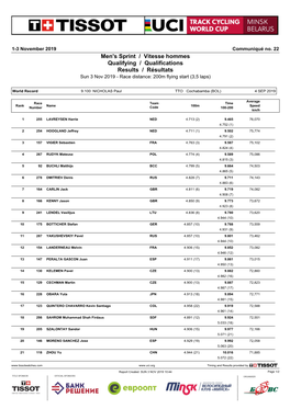 Men's Sprint / Vitesse Hommes Qualifying / Qualifications Results / Résultats Sun 3 Nov 2019 - Race Distance: 200M Flying Start (3,5 Laps)