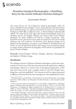 Byzantine Liturgical Hymnography: a Stumbling Stone for the Jewish-Orthodox Christian Dialogue? Alexandru Ioniță*