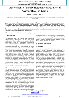 Assessment of the Hydrographical Features of Ayiroor River in Kerala