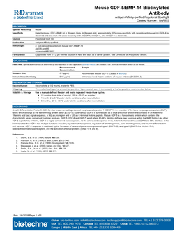 Mouse GDF-5/BMP-14 Biotinylated Antibody Antigen Affinity-Purified Polyclonal Goat Igg Catalog Number: BAF853