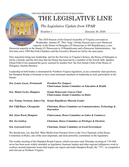 THE LEGISLATIVE LINE the Legislative Update from VPAR Number 1 January 20, 2020