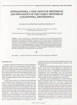 Epuraeosoma, a New Genus of Histerinae and Phylogeny of the Family Histeridae (Coleoptera, Histeroidea)