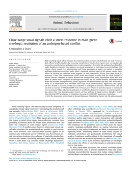 Leary, C.J. 2014. Close-Range Vocal Signals Elicit a Stress Response in Male Green Treefrogs