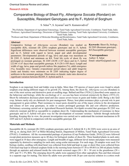 Comparative Biology of Shoot Fly, Atherigona Soccata (Rondani) On