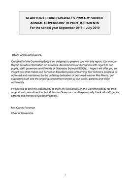 GLADESTRY CHURCH-IN-WALES PRIMARY SCHOOL ANNUAL GOVERNORS’ REPORT to PARENTS for the School Year September 2018 – July 2019
