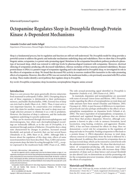 Octopamine Regulates Sleep Indrosophilathrough Protein Kinase A-Dependent Mechanisms