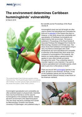 The Environment Determines Caribbean Hummingbirds' Vulnerability 22 March 2018