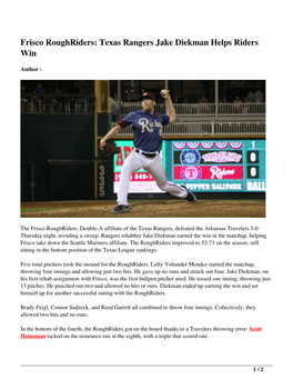 Frisco Roughriders: Texas Rangers Jake Diekman Helps Riders Win