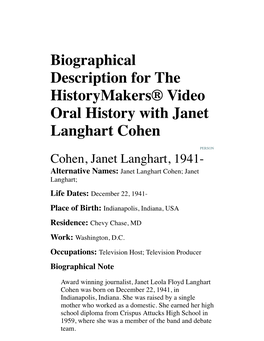 Biographical Description for the Historymakers® Video Oral History with Janet Langhart Cohen
