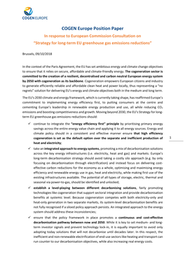COGEN Europe Position Paper in Response to European Commission Consultation on “Strategy for Long-Term EU Greenhouse Gas Emissions Reductions”