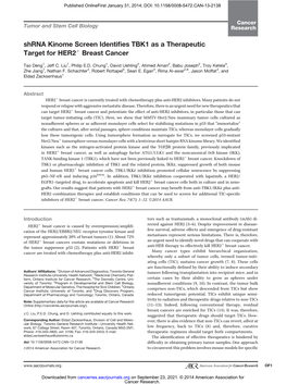 Shrna Kinome Screen Identifies TBK1 As a Therapeutic Target for HER2 Breast Cancer