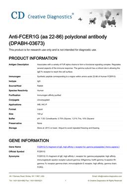 Anti-FCER1G (Aa 22-86) Polyclonal Antibody (DPABH-03673) This Product Is for Research Use Only and Is Not Intended for Diagnostic Use