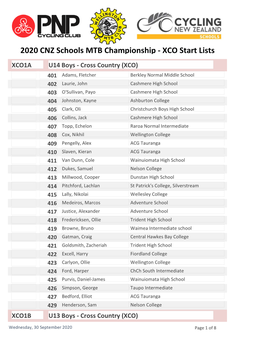 2020 CNZ Schools MTB Championship - XCO Start Lists