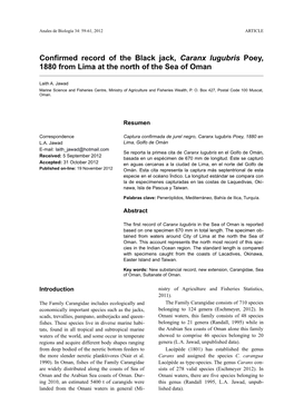 Confirmed Record of the Black Jack, Caranx Lugubris Poey, 1880 from Lima at the North of the Sea of Oman
