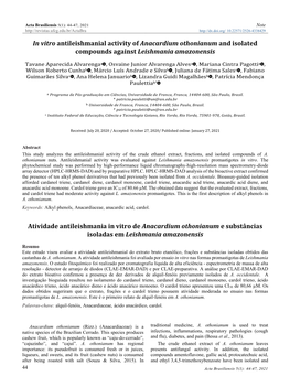 In Vitro Antileishmanial Activity of Anacardium Othonianum and Isolated Compounds Against Leishmania Amazonensis