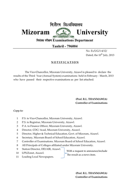 Mizoram University Inayam~K Prixana Examinations Department Tanhril - 796004 No