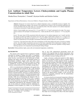 Low Ambient Temperature Lowers Cholecystokinin and Leptin Plasma Concentrations in Adult Men Monika Pizon, Przemyslaw J