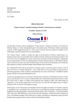Choose France!” Summit Focusing on France’S Attractiveness to Business