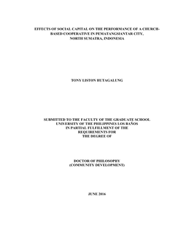 I EFFECTS of SOCIAL CAPITAL on the PERFORMANCE of a CHURCH- BASED COOPERATIVE in PEMATANGSIANTAR CITY, NORTH SUMATRA, INDONESIA