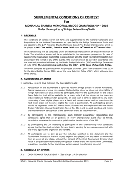 SUPPLEMENTAL CONDITIONS of CONTEST for MOHANLAL BHARTIA MEMORIAL BRIDGE CHAMPIONSHIP – 2019 Under the Auspices of Bridge Federation of India