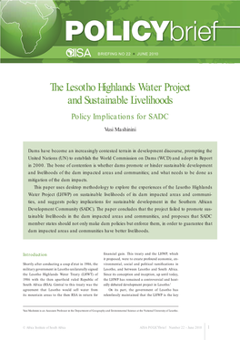 The Lesotho Highlands Water Project and Sustainable Livelihoods Policy Implications for SADC