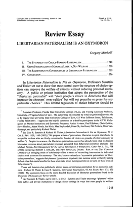 Review Essay LIBERTARIAN PATERNALISM IS an OXYMORON