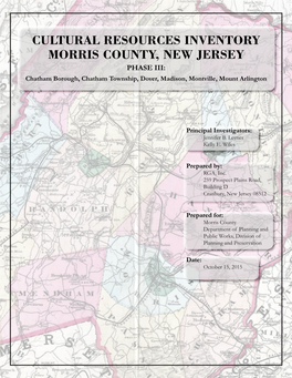 CULTURAL RESOURCES INVENTORY MORRIS COUNTY, NEW JERSEY PHASE III: Chatham Borough, Chatham Township, Dover, Madison, Montville, Mount Arlington