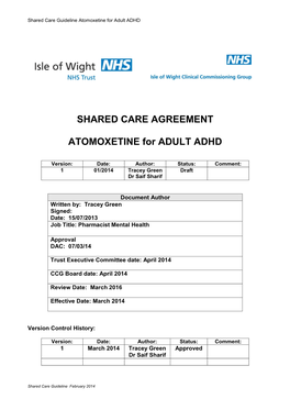 SHARED CARE AGREEMENT ATOMOXETINE for ADULT ADHD