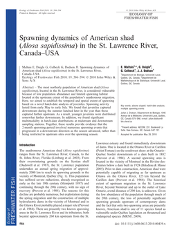 Spawning Dynamics of American Shad (Alosa Sapidissima) in the St. Lawrence River, Canadausa