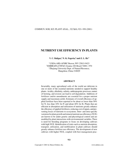 Nutrient Use Efficiency in Plants