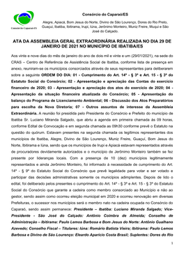 Ata Da Assembleia Geral Extraordinária Realizada No Dia 29 De Janeiro De 2021 No Município De Ibatiba/Es