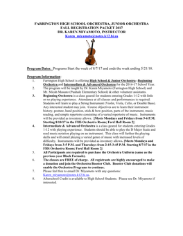 Farrington High School Orchestra, Junior Orchestra Fall Registration Packet 2017 Dr