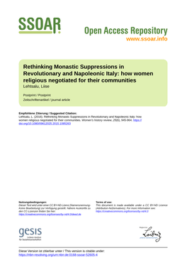 Rethinking Monastic Suppressions in Revolutionary and Napoleonic Italy: How Women Religious Negotiated for Their Communities Lehtsalu, Liise