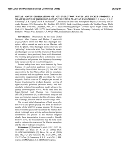 Initial Maven Observations of Ion Cyclotron Waves and Pickup Protons: a Measurement of Hydrogen Loss in the Upper Martian Exosphere F