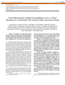 Novel Rheumatoid Arthritis Susceptibility Locus at 22Q12 Identified in an Extended UK Genome-Wide Association Study