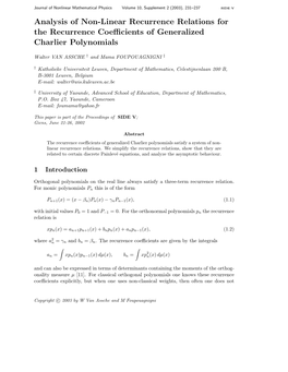 Analysis of Non-Linear Recurrence Relations for the Recurrence Coeﬃcients of Generalized Charlier Polynomials