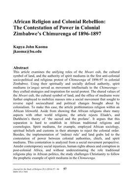 African Religion and Colonial Rebellion: the Contestation of Power in Colonial Zimbabwe’S Chimurenga of 1896-1897