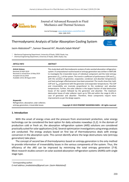 Thermodynamic Analysis of Solar Absorption Cooling System Open Access Jasim Abdulateef1,, Sameer Dawood Ali1, Mustafa Sabah Mahdi2