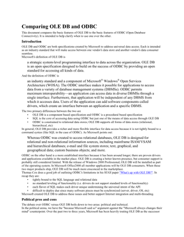 Comparing OLE DB and ODBC This Document Compares the Basic Features of OLE DB to the Basic Features of ODBC (Open Database Connectivity)