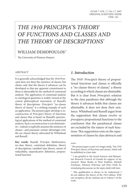 THE 1910 PRINCIPIA's THEORY of FUNCTIONS and CLASSES and the THEORY of DESCRIPTIONS*